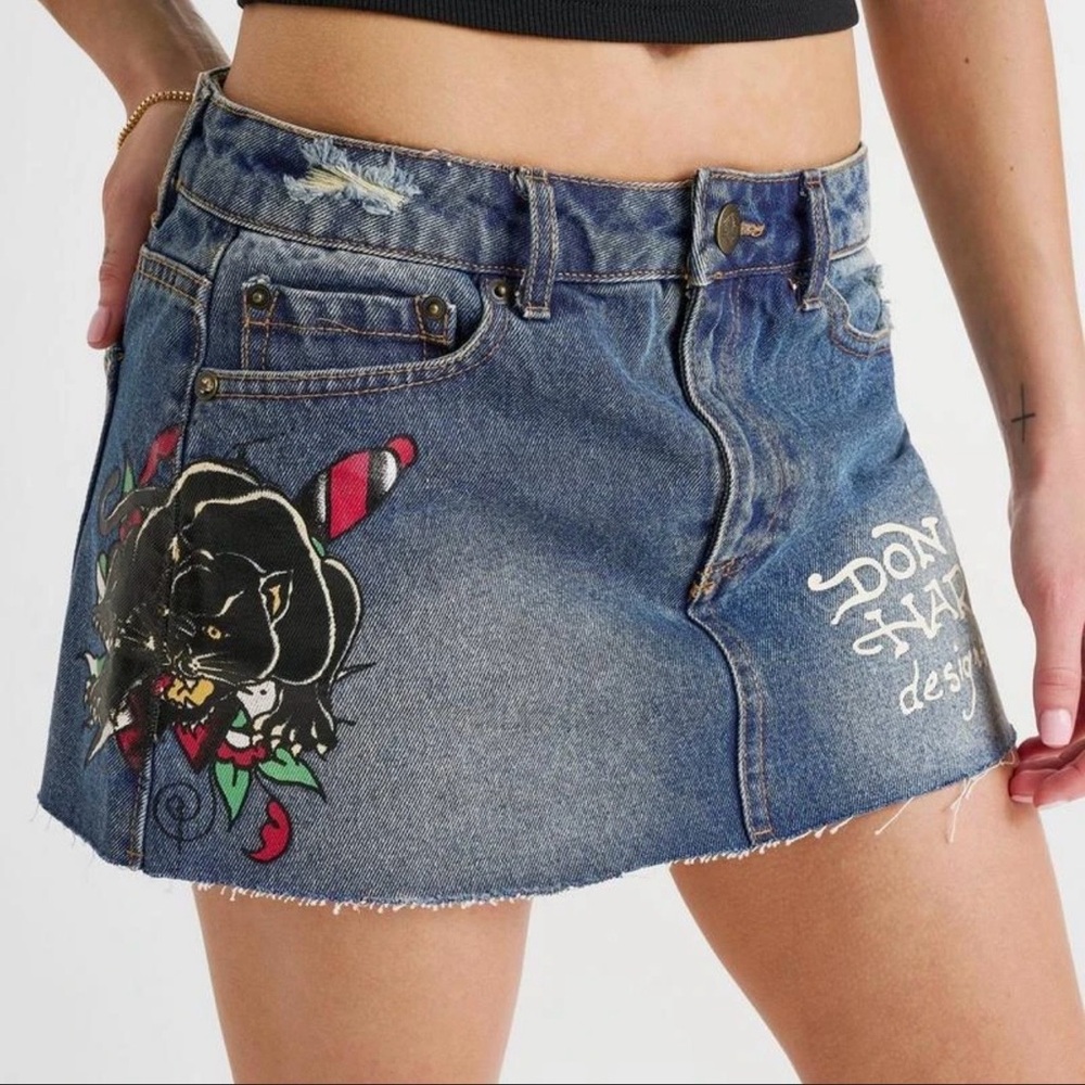 Ed Hardy Blue Denim Mini Skirt with Black Embroidery